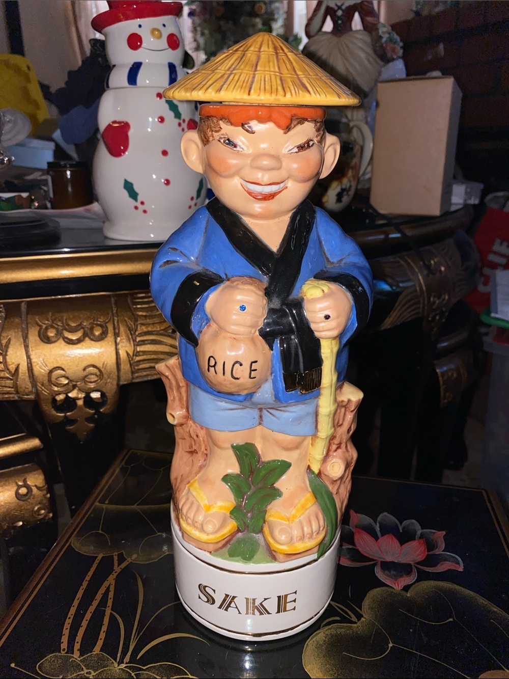 Ceramic Sake Bottle - Blue/Yellow Decorative Figure